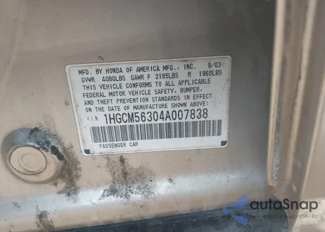 2004 Honda Accord 2.4 Lx from USA, damaged, VIN 1HGCM56304A007838